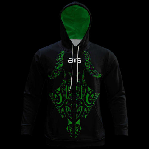 Black hoodie with green tribal design and visible brand logo on a dark background